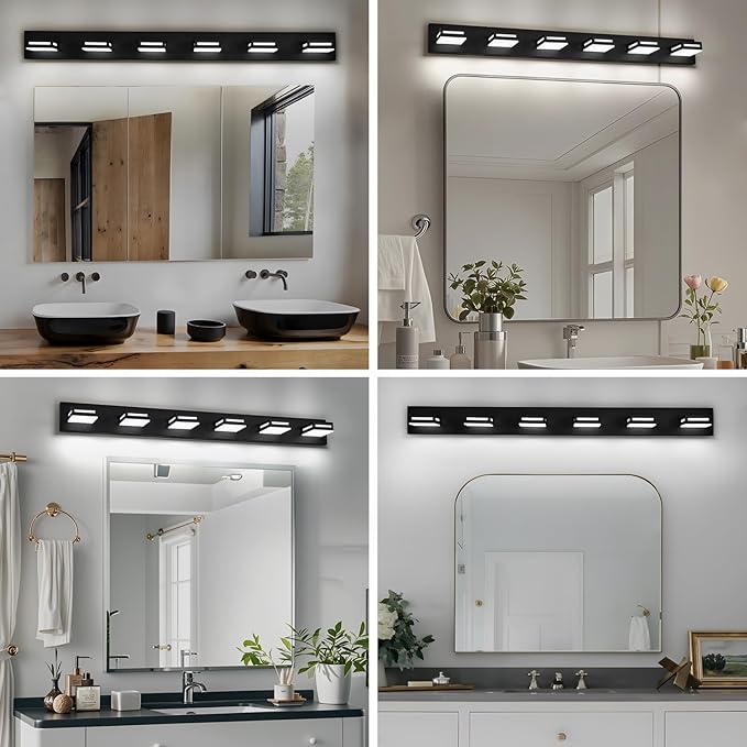 48-Inch 6-Light LED Modern Black Bathroom Vanity Light Fixtures Over Mirror, Bathroom Lighting Fixtures with Cool White 6000K, Vanity Wall Lights for Bath Restroom Powder Room