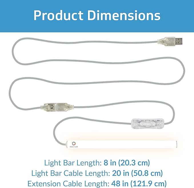 TrueColor 8” Semi-Frosted USB-Powered LED Light Bar Kit with 48" USB Extension Cable - Easy-Install LED Bar Light & Extender Cord Bundle - Adhesive & Light Bar Mounting Brackets Included (Soft White)