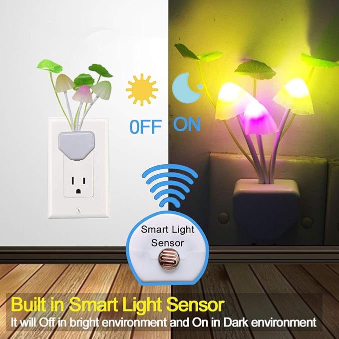 [2 Pack] UTLK Plug in LED Mushroom Night Light Lamp with Dusk to Dawn Sensor, Cut Color Changing Bed Nightlight LED Wall Light