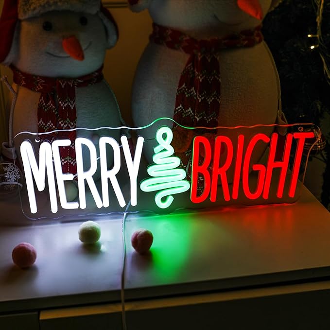 Merry and Bright Neon Lights Wish you a Nice Christmas Quotes LED Signs Christmas Tree for Shop Coffee Store Cafe Apartment Family Light up Xmas Party Wall Decor