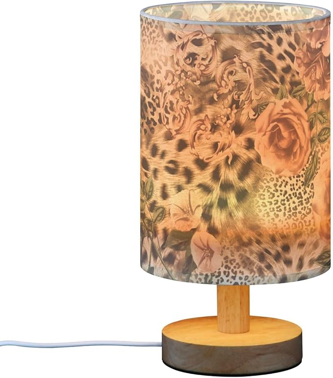 Leopard Print with Pink Floral Rose Flower Table Lamp with Wood Base Fabric Lamp Shade Bedside Nightstand Desk Lamp for Living Room Bedroom Kids Room Office