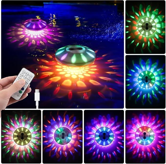 Floating Pool Lights, IP68 Waterproof Pool Lights, Rechargeable RGB Upper and Lower Color Changing Pool Lights with 6 Dynamic Lighting Effects, Floating Light for Pond Gardens,Party -2 Pack