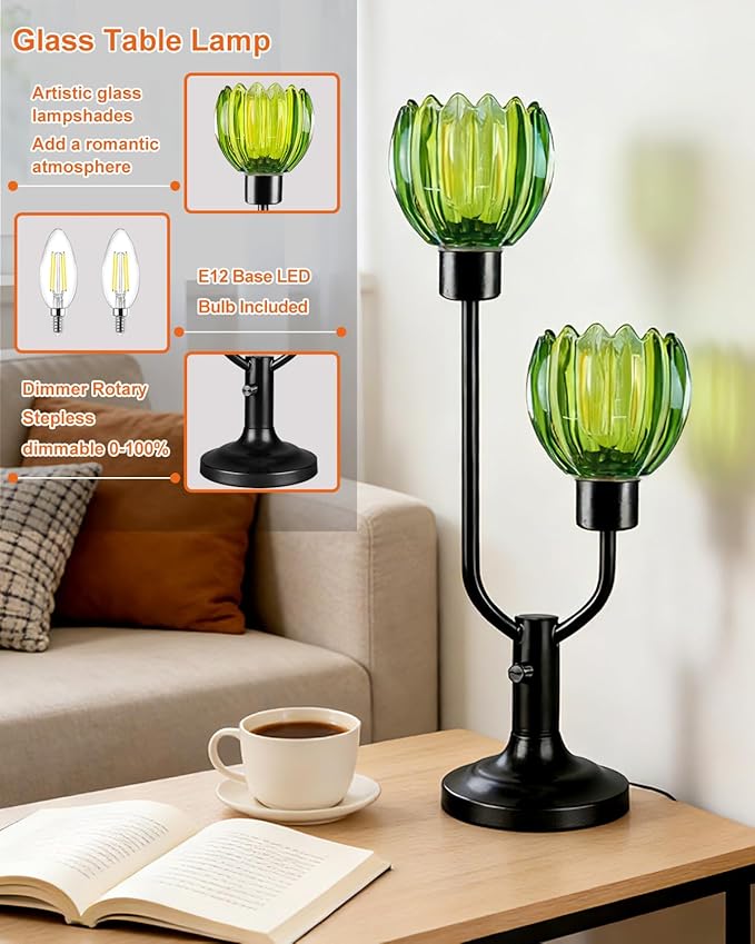 Lightdot Mid Century Modern Glass Table Lamp Black Dimmable U-Shaped Desk Lamps with Green Lotus Glass Shade& 2Pcs 3000K Warmwhite Bulbs Included Bedside Nightstand Lamp for Living Room Bedroom