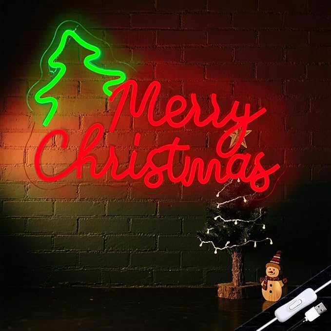Merry Christmas Tree Neon Sign with Decorations - Holiday Wall ArtMerry Christmas Tree Neon Sign with Decorations - Holiday Wall Art