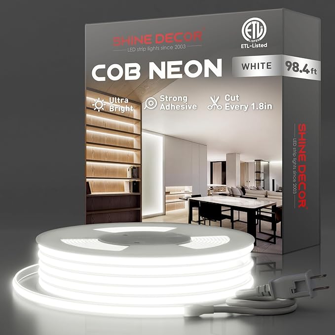 Shine Decor COB LED Rope Light AC 120V, 800lm Ultra Bright, IP65 Waterproof Cold-Resistant ETL Neon Strip, No Driver Tape Lighting for Home Commercial 10x4.5mm, 6000K Cool White, 98.4ft