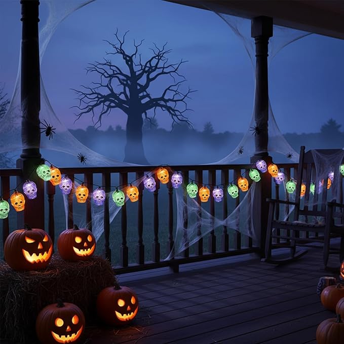 Halloween Skeleton Lights,8.5Ft Halloween Skull Lights with 10 LED Orange Purple Green Skeleton Lamp Waterproof UL Listed for Indoor Bedroom Patio Doors, Windows, Porches, Halloween Party Decor