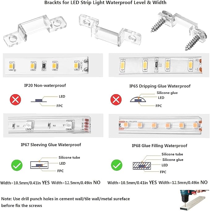 MMSD 100 Pack LED Strip Light mounting Brackets Strip Light clamp with 202 Screws Suit for 10mm Wide IP67/68 Waterproof Strip Lights