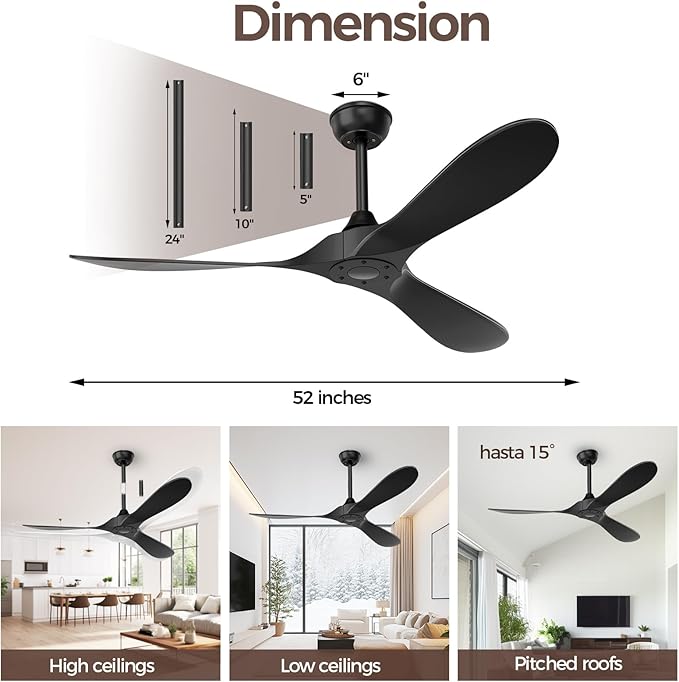 Black Ceiling Fan No Light, 52 in OutdoorCeiling Fans with Remote Control without Light, 3 Blades, 6 Speed Reversible DC Motor Modern for Patios, Kitchen, Bedroom, Porch (Black)