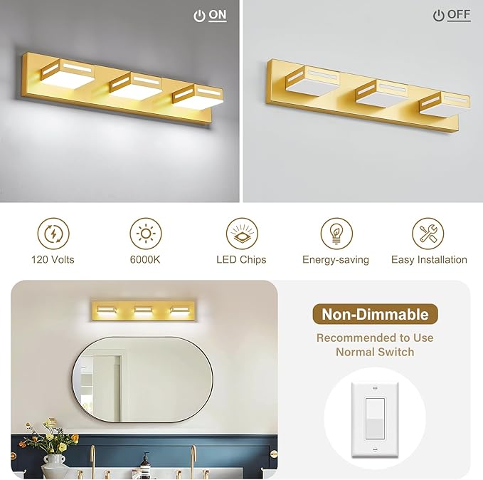 24-Inch 3-Light LED Modern Gold Bathroom Vanity Light Fixtures Over Mirror, Bathroom Lighting Fixtures with Cool White 6000K, Vanity Wall Lights for Bath Restroom Powder Room