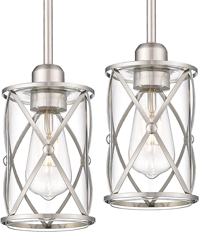 Brushed Nickel Pendant Lights Kitchen Island 2 Pack, Mini Glass Pendant Light Fixtures with Clear Glass, Modern Hanging Lighting for Kitchen Sink Dining Room Bathroom, CH9176BN-2PK