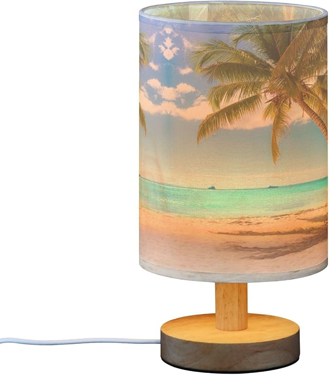 Table Lamp Summer Palm Tree Sunny Ocean Tropical Beach White Sand Nightstand Lamp with Wood Base Fabric Lamp Shade Bedside Desk Lamp for Living Room Bedroom Kids Room Office