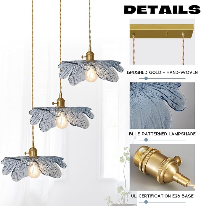 3 Light Pendant Lighting Blue Glass Pendant Light Brushed Brass Pendant Light fixtures Vintage Farmhouse Chandelier Hand Blown Hanging Light for Kitchen Dining Room Bedroom