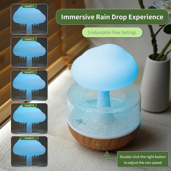 Weljoy Mushroom Cloud Rain Lamp, 7 Color Changing LED Tabletop Fountain with Water Drip Sounds, USB Rechargeable Desk Decor for Home, Office (Wood Grain Base)