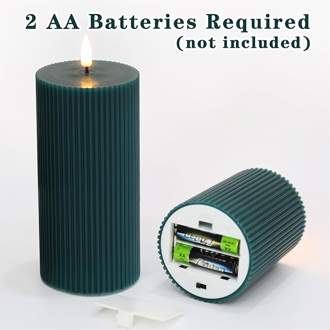 Green Ribbed Flameless Pillar Candles with Remote, 2 Pack Flickering Battery Operated LED Wax Candles Φ 3" H 4" 6"