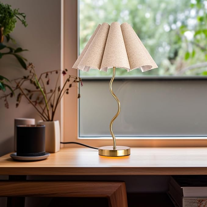 KUNJOULAM Small Table Lamp, Bedside Nightstand Lamp with Umbrella Form Fabric Lampshade, Morden Mini Desk Lamp for Bedroom Home Office Decor