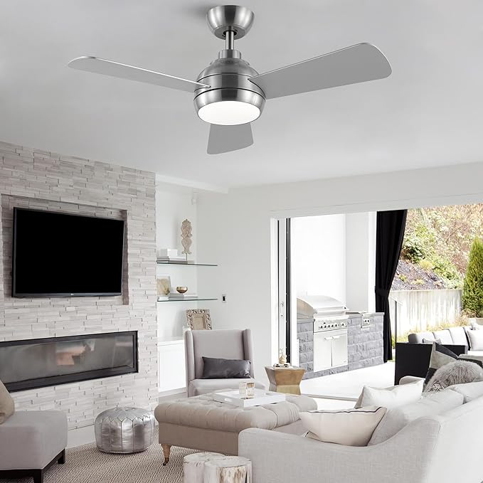 42 Inch Ceiling Fans with Lights and Remote, Modern Brushed Nickel Ceiling Fan with Light, DC Reversible, 6 Speeds, 3CCT, Dimmable, 3 blades, Bedroom, Indoor/Outdoor Patios Use