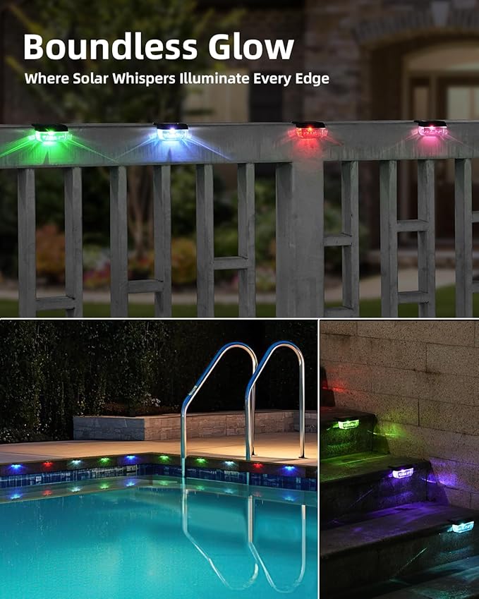 16 Pack Solar Fence Lights, RGB Color Changing Christmas Fence Solar Light, Waterproof Deck Lights for Step, Stair, Pool and Yard