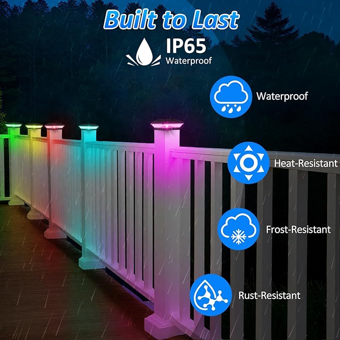 T-SUN Solar Post Cap Lights with Auto-Change Colors- for Wooden (4x4/6x6) & Vinyl (4x4/5x5) Posts | Weatherproof Outdoor Solar Fence Post Lights for Deck, Porch, Garden & Stairs(18-Pack,RGB)