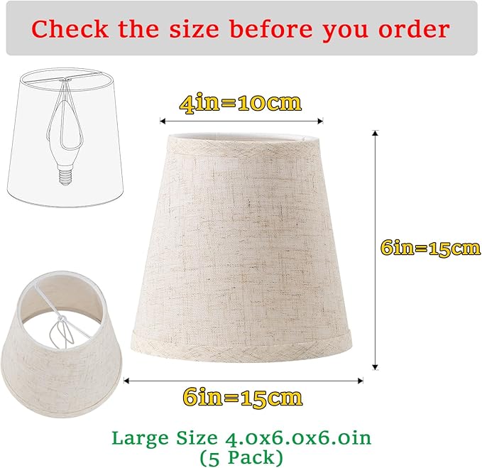 5 Pack Beige Chandelier Shades, 4" Top x 6" Bottom x 6" High Barrel Lamp Shade, 4.0x6.0x6.0 Inch Linen Fabric, Perfect Fit for 5-Light Pendant Light Wall Sconce, Clip On Bulb E12 Socket(Large Size)