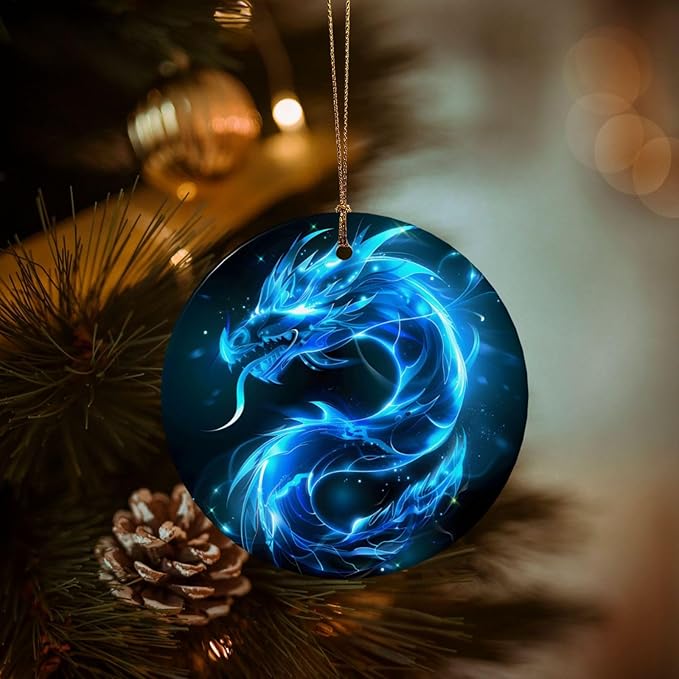 Glowing Ice Dragon Christmas Ornaments, Christmas Decorations Xmas Tree Hanging Ornaments, Round Ceramic Festive Keepsake Gift for Xmas Decorations Holiday Home Decor