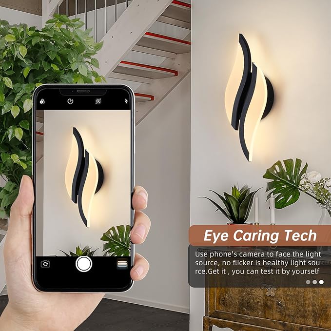 CANEOE Modern LED Wall Sconce 3000K Warm White Black Indoor Wall Light Fixtures Acrylic Wall Sconce Lighting for Living Room Bedroom Bedside Bathroom Hallway Stairway Wall Lamp (Black, 1 Pack, 3000K)