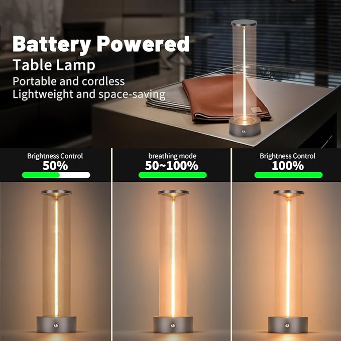 Mini Minimalist Tabe Lamp with Breathing Effect, Cordless LED Desk Lamp Rechargeable Modern Night Lights Portable Lamp for Gaming, Home Office, Bedroom, Living Room, Kitchen, Bar, Restaurant (grey)