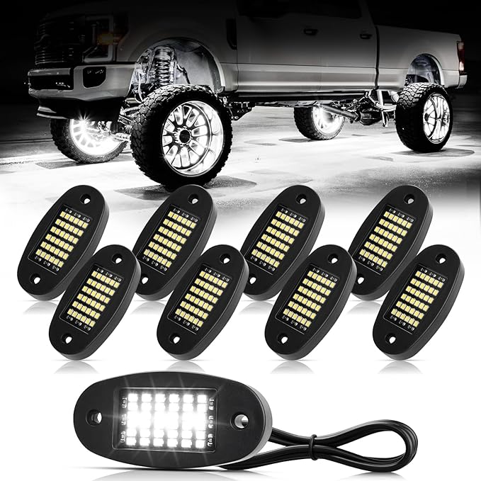 8 Pods White Rock Lights 6000K Pure White 36 LEDs SMD Chips Super Bright Neon Underglow Light IP68 Waterproof for Pickup Trucks SUV UTV ATV RZR Car Boats (White)