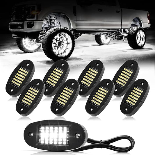 8 Pods White Rock Lights 6000K Pure White 36 LEDs SMD Chips Super Bright Neon Underglow Light IP68 Waterproof for Pickup Trucks SUV UTV ATV RZR Car Boats (White)