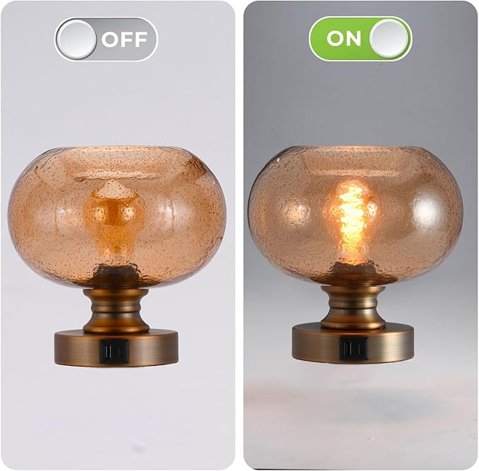 Mid Century Glass Table Lamp,Dimmable Desk Lamp,LED Bulb Included,Touch Control & USB A+C Port,Cognac Amber Seeded Glass