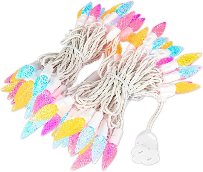 70 Light 24Ft Spring Easter Lights Commercial String Lights C6 LED Strawberry Faceted Bulb – Yellow/Teal/Pink, White Wire, Indoor/Outdoor, Full Wave No Flicker, Connect 43 Sets