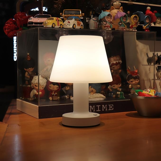 Small Mushroom Table Lamp, Cordless Night Light with 2600mAh Rechargeable Battery, Stepless Dimming Desk Lamp with 3 Colors for Bedroom/Patio/Living Room (White-2)