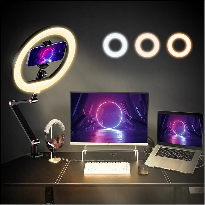 APEXEL 10" Ring Light for Desk, Ring Light with Stand and Phone Holder, Overhead Camera Mount with C-Clamp, 360° Rotate & Adjust Arm for Photography/Makeup/Live Stream Video/YouTube