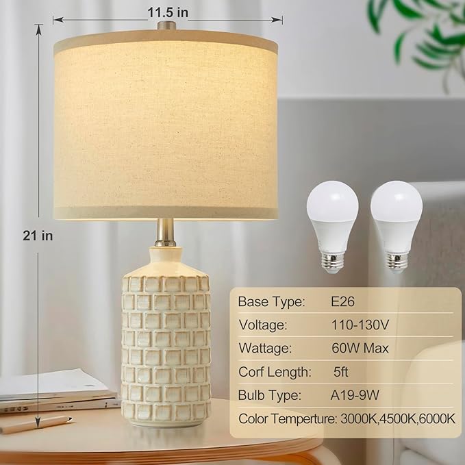 Luvkczc Vintage Farmhouse Table Lamp Set of 2, Grid Nightstand Lamp with Eye-Protecting Fabric Shade, 3-Color Temperature&2 Bulbs - Rustic Table Lamp Lamps for Living Room Bedroom Decor