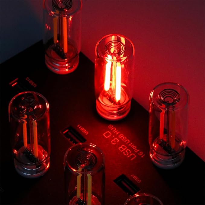 Touch Adjustment Retro Car Lamps, Battery & USB Charging Interior Atmosphere Bulb, Touch Dimmable Indoor Decorative Mini Neon Night Lights for Bedroom, Camping, Holiday, No Pole dimming (Red, 2Pack)