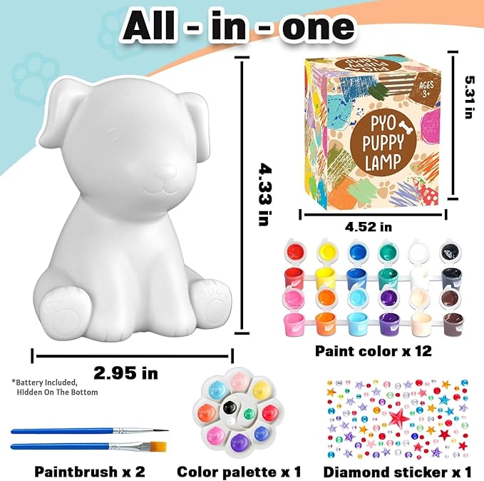 FUNZBO Paint Your Own Dog Lamp Kits - Easter Basket Stuffers, Arts and Crafts Supplies Puppy Painting for Kids Teens, DIY Night Light Dog Toy for Girls Boys Age 3 4 5 6 7 8 9 10 11 12 13 Birthday Gift