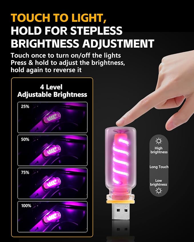 2PCS USB Lights for Car, Touch Adjustment Lights, Plug in USB Car Interior Ambient Light, Spiral LED USB Night Light for Camping, Holiday Decoration, Party, Bedroom (Purple)