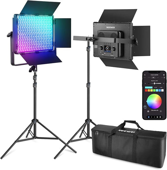 NEEWER 2 Pack PL60C RGB LED Panel Video Light Kit with 6.6ft/2m Spring Cushioned Tripod Stands/Bag, APP/2.4G/DMX Control, 60W 2500-10000K Pro Photography Studio Recording Streaming Key Lighting