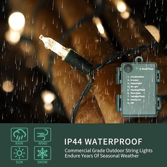 LAMPHOME 50 LED Outdoor Christmas Lights, 17 FT Battery Operated Mini String Light with 8 Modes & Timer, Xmas Tree Waterproof for Patio Garden Party Wedding Holiday Decor (Warm White)