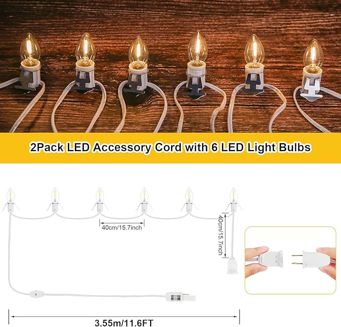 2Pack Accessory Cord with 12 LED Light Bulbs and Outlet Christmas Village Light 11.6FT White Cord with Spare Fuse Warm White C7 Lamp for Halloween Pumpkins Christmas Village Houses Craft Decoration