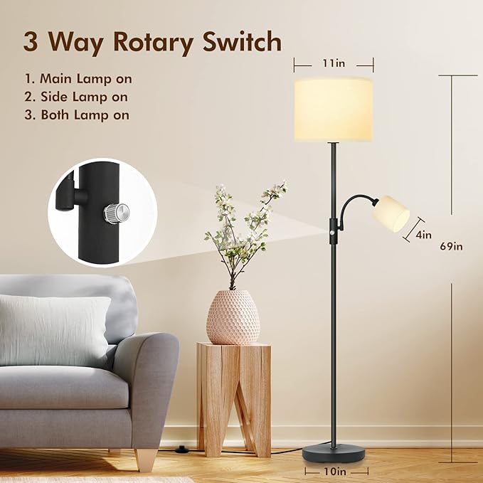 Floor Lamps Standing Lamp, Bright Stand up Lamp with Reading Light, White Lampshade, 62" Tall, 3-Way Rotary Switch, Black Corner Light for Bedroom Office, Modern Living Room Decor(LED Bulbs Included)