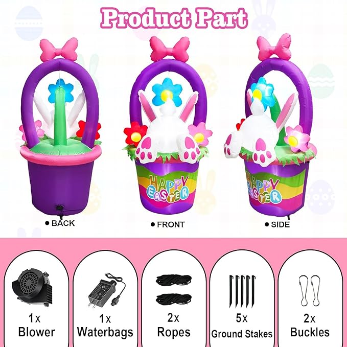 6FT Tall Easter Inflatable Bunny Jumping into the Flower Basket Outdoor Decoration, Blow Up Bunny Inflatables Built-in 5 LEDs for Easter Day Outdoor Indoor Yard Garden Lawn Decor