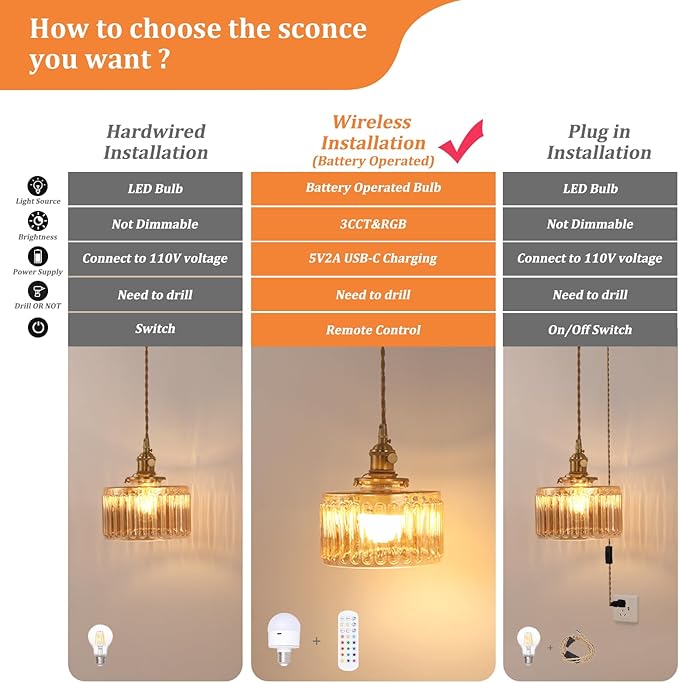 Battery Operated Pendant Light 5000mAh Rechargeable Chandelier with Remote Control Wireless Adjustable Hanging Amber Striped Light for Kitchen Island Dining Room Hallway, 2 Pack