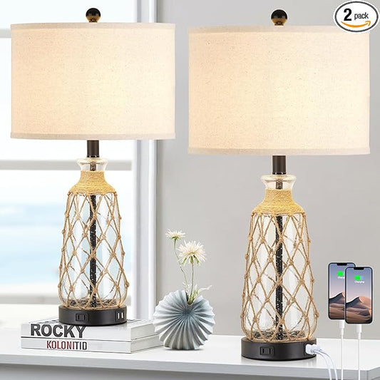 25.5" Coastal Glass Table Lamps Set of 2, 3-Way Dimmable Touch Control Bedside Lamps with 2 USB Ports and AC Outlet, Clear Nautical Nightstand Lamp for Bedroom Living Room (LED Bulbs Included)