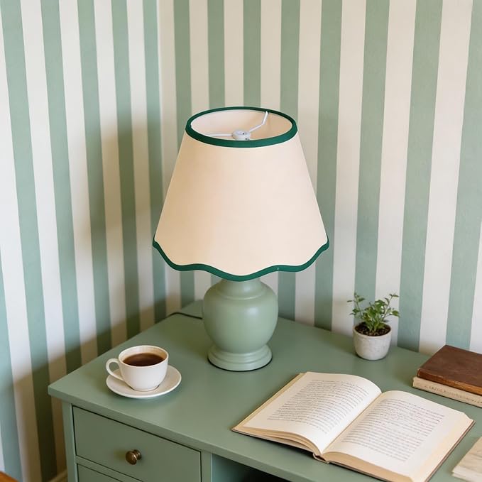 Scalloped Lamp Shades Set of 2, 5" Top x 9" Bottom x 7" Slant Chandelier Shades Green Scallop Lampshades for Vintage Farmhouse Table Bedroom Home Decor