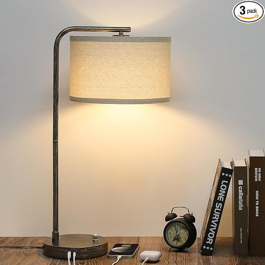Seaside village Bedside Table Lamp with USB C+A Charging Ports, Fully Dimmable Industrial Tall Nightstand Reading Desk Lamp for Bedroom, Living Room, Office, 9W LED Bulb Included