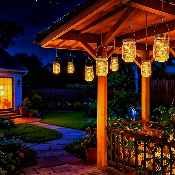 Cooo Gift for her him 6 Pack Solar Lanterns Outdoor Waterproof Upgraded Crystal Glass Solar Mason Jar Lights 30 LED 215% Larger SolarPanel, Anti-Rust Lid Hanging Outdoor Lanterns for Garden Porch
