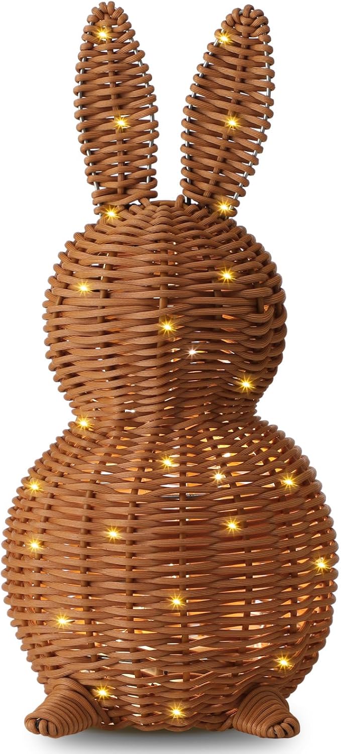 Thyle 1 Pcs Neutral Easter Rattan Bunny Decoration, 13.8 Inch Morden Woven Rabbit Tabletop Centerpiece with 3.28 FT String Light, Rabbit Ornament for Mantel Fireplace Easter Home Tiered Tray Decor