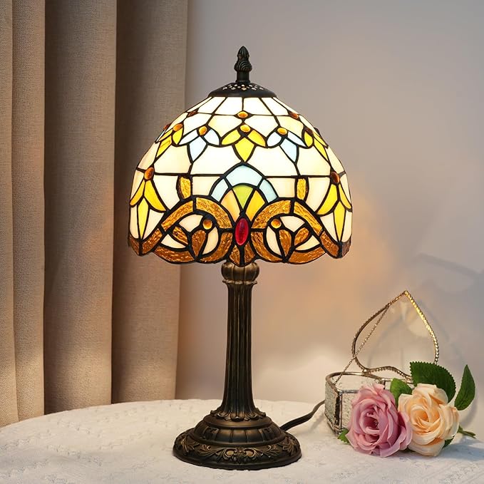 Tiffany Table 8 Inch Small Stained Glass Table Lamp Retro Baroque Reading Light, Suitable For Bedrooms Living Rooms Offices Study Rooms Tiffany Style Retro Home Decoration Crafts (Yellow, Brown)