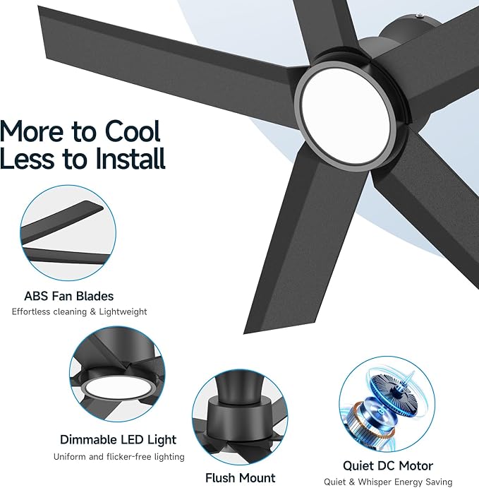 ocioc 52 inch Ceiling Fans with Lights, Large Air Volume Ceiling Fans with Reversible Quiet DC Motor and Remote 2 Pack（Black）