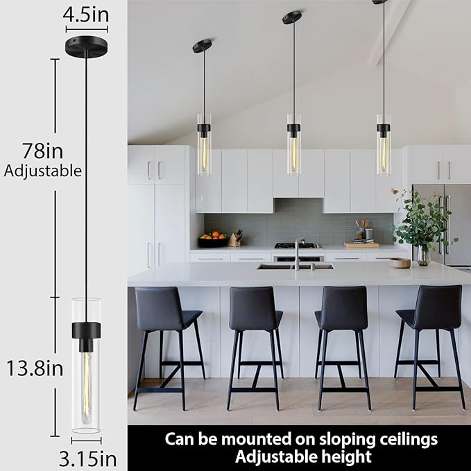 Modern Glass Black Pendant Lights Kitchen Island, Adjustable Cord Pendant Light Fixtures,Kitchen Pendant Lighting Over Island,Indoor Chandeliers for Bedroom Bathroom, Included Bulb